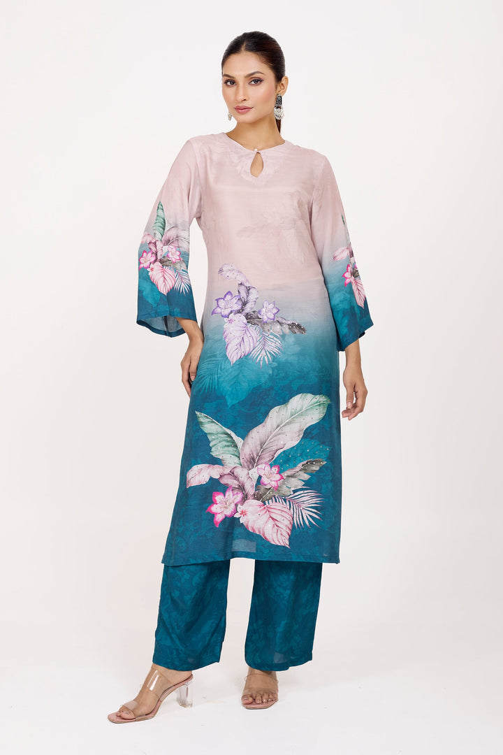 Printed Kurta & Pant - Hand Embroidered - Set of 2 - Ombre Blue - Muslin Silk