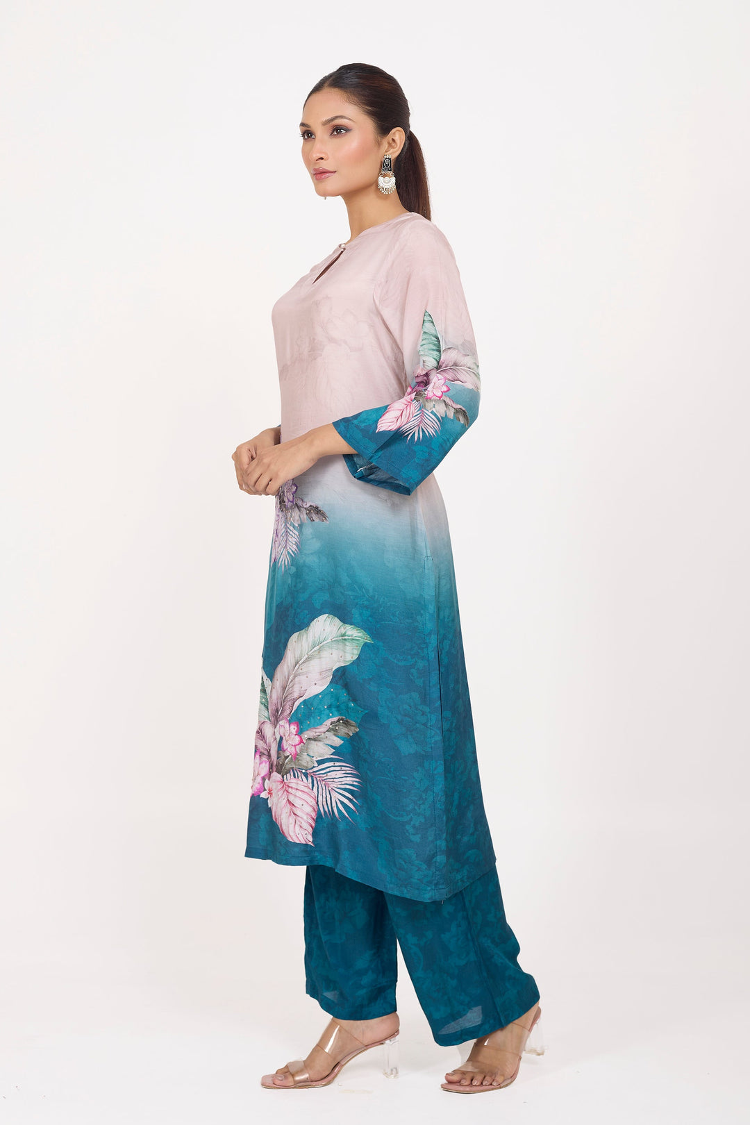 Printed Kurta & Pant - Hand Embroidered - Set of 2 - Ombre Blue - Muslin Silk