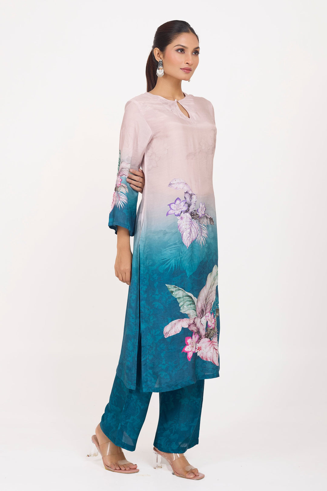Printed Kurta & Pant - Hand Embroidered - Set of 2 - Ombre Blue - Muslin Silk