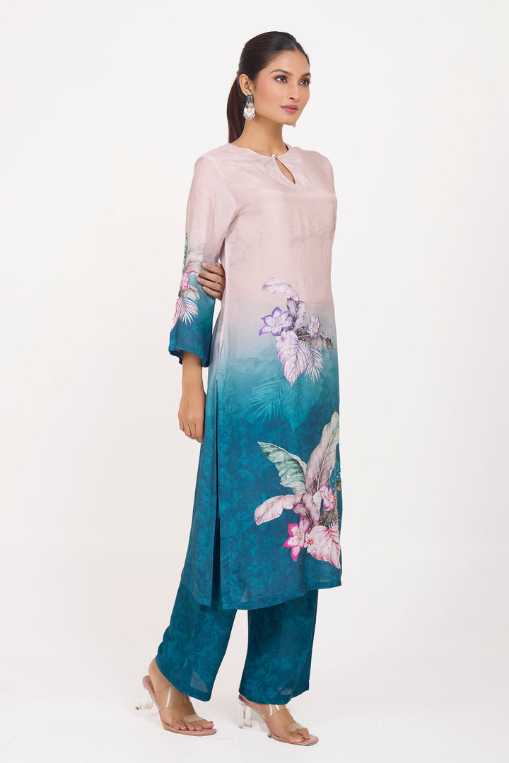 Printed Kurta & Pant - Hand Embroidered - Set of 2 - Ombre Blue - Muslin Silk