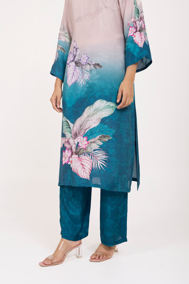 Printed Kurta & Pant - Hand Embroidered - Set of 2 - Ombre Blue - Muslin Silk