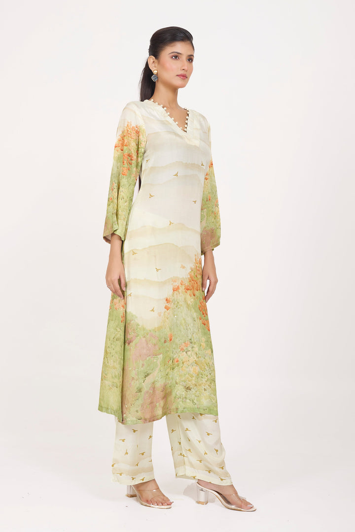 Printed Kurta & Pant - Hand Embroidered - Set of 2 - Off-White - Muslin Silk