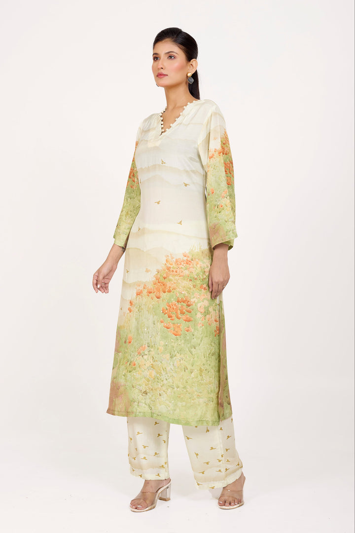 Printed Kurta & Pant - Hand Embroidered - Set of 2 - Off-White - Muslin Silk