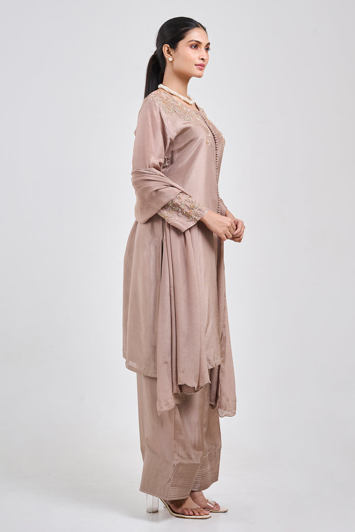 Hand Embroidered Suit Paired with Farshi Salwar - Set of 3 - Metallic Brown