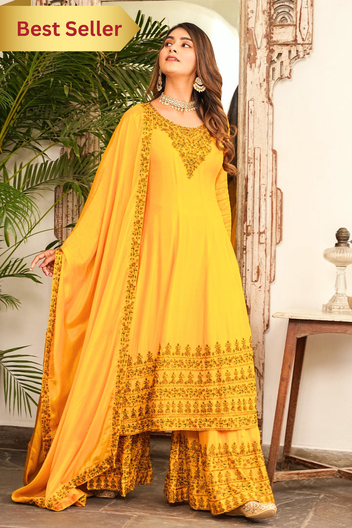 YELLOW SHARARA SET FOR WOMEN - PAIRED WITH DUPATTA - EMBROIDERED WITH RESHAM & HANDWORK - SET OF 3