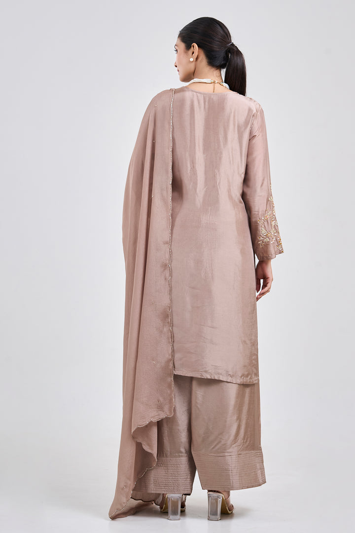 Hand Embroidered Suit Paired with Farshi Salwar - Set of 3 - Metallic Brown