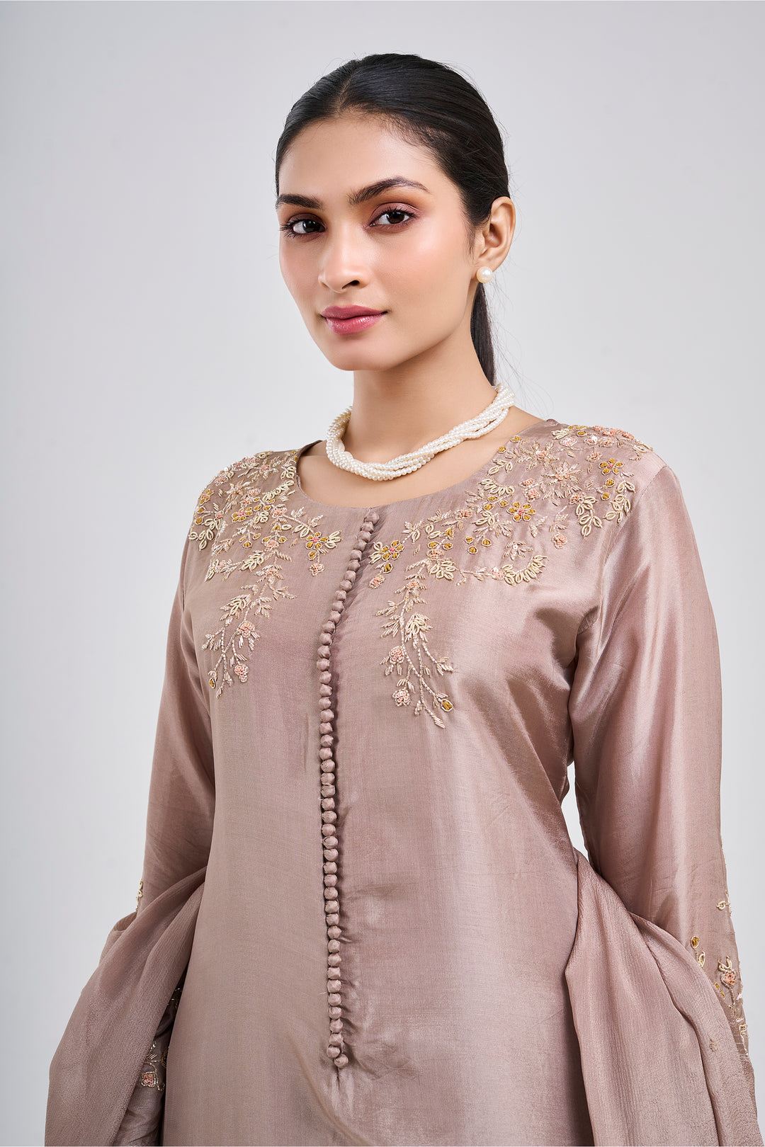 Hand Embroidered Suit Paired with Farshi Salwar - Set of 3 - Metallic Brown