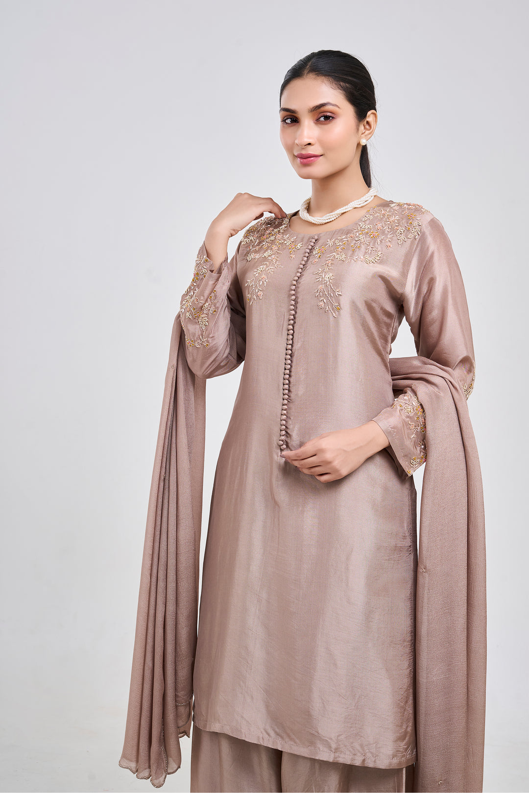 Hand Embroidered Suit Paired with Farshi Salwar - Set of 3 - Metallic Brown