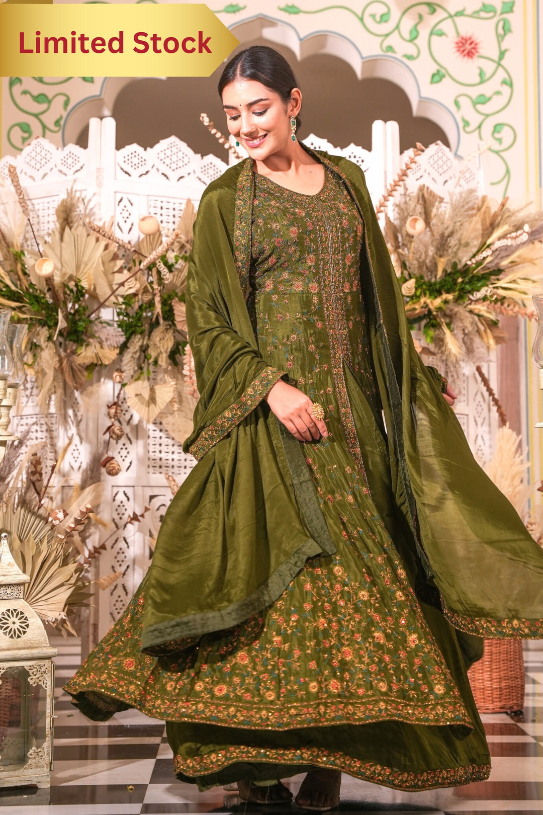 MEHENDI GREEN INDO-WESTERN FRONT SLIT GOWN FOR WOMEN- PAIRED WITH LEHENGA & DUPATTA - EMBROIDERED WITH RESHAM & HANDWORK - SET OF 3