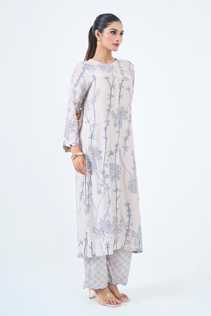 Printed Muslin Silk Kurta &amp; Pant – Embroidered – Set of 2 – Misty Grey