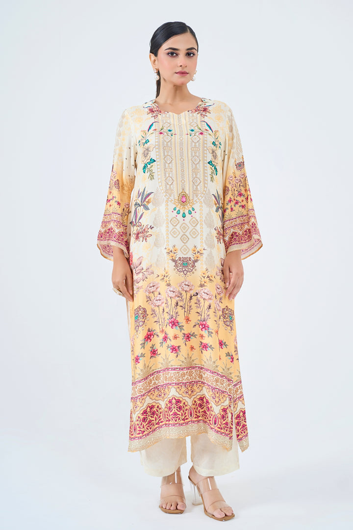 Floral Printed Muslin Silk Kurta &amp; Pant Set – Hand Embroidered - Ivory Yellow
