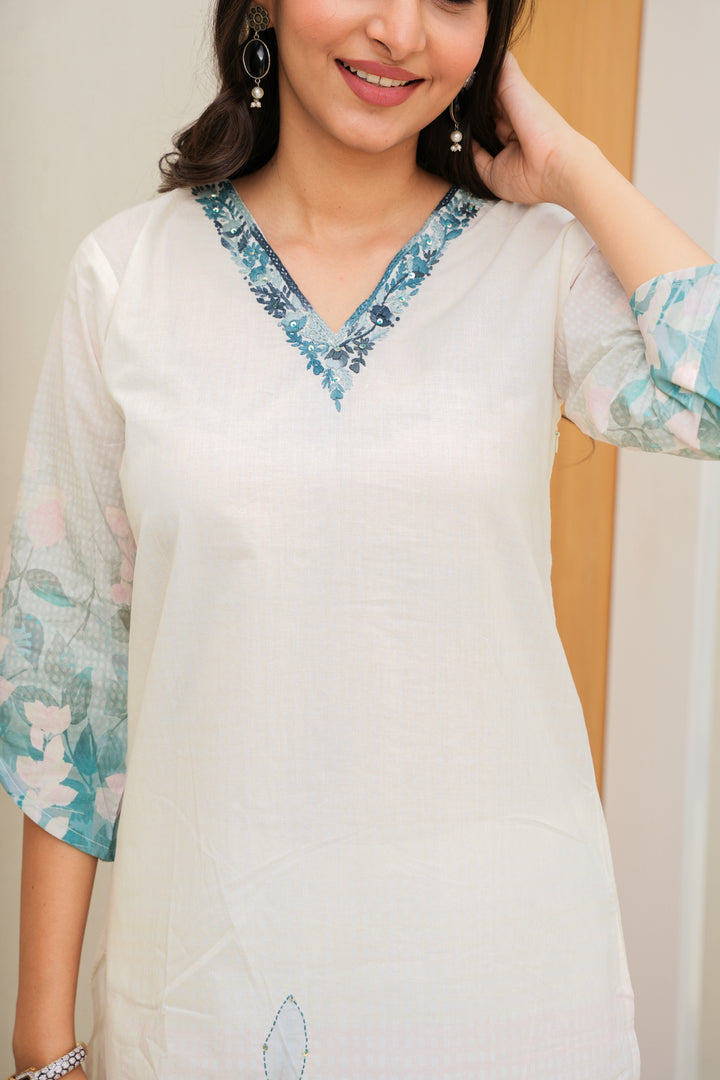 FLORAL PRINTED COTTON KURTA & PANT - HAND EMBROIDERED - SET OF 2 - OFF WHITE