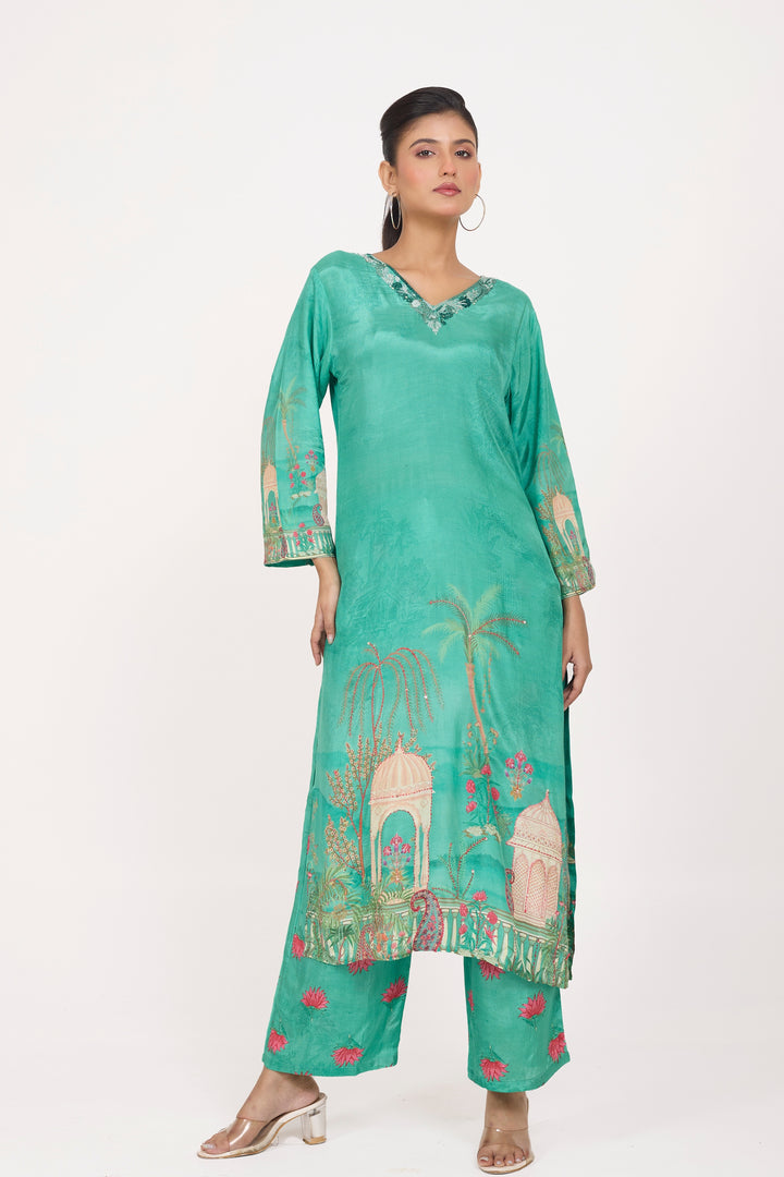 Printed Kurta & Pant - Hand Embroidered - Set of 2 - Green - Muslin Silk