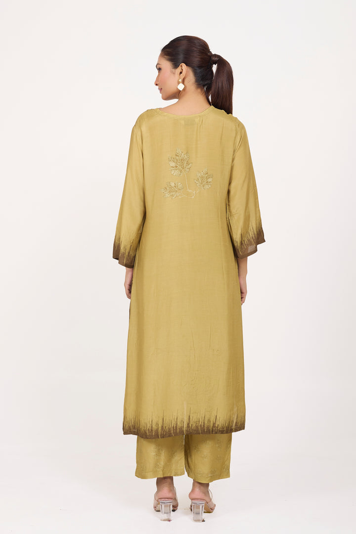 Printed Kurta & Pant - Hand Embroidered - Set of 2 - Brown - Muslin Silk