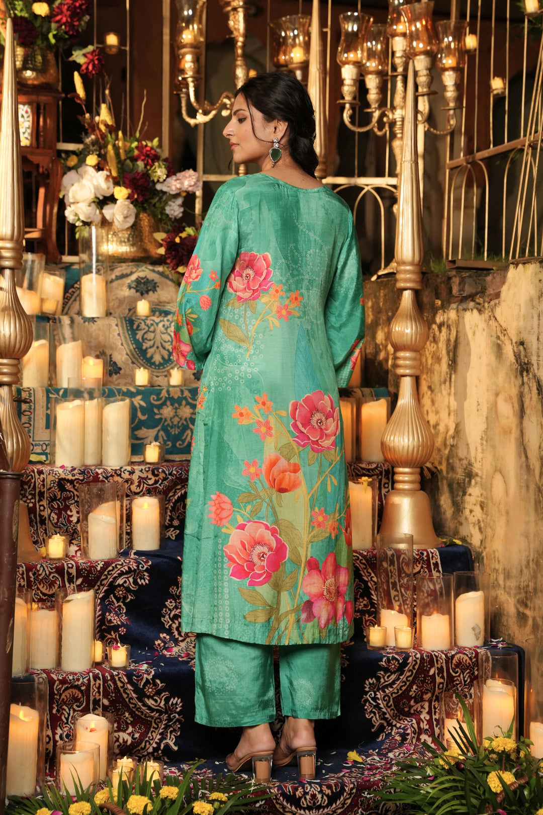 Floral Printed Kurta & Pant - Hand Embroidered - Set of 2 - Green