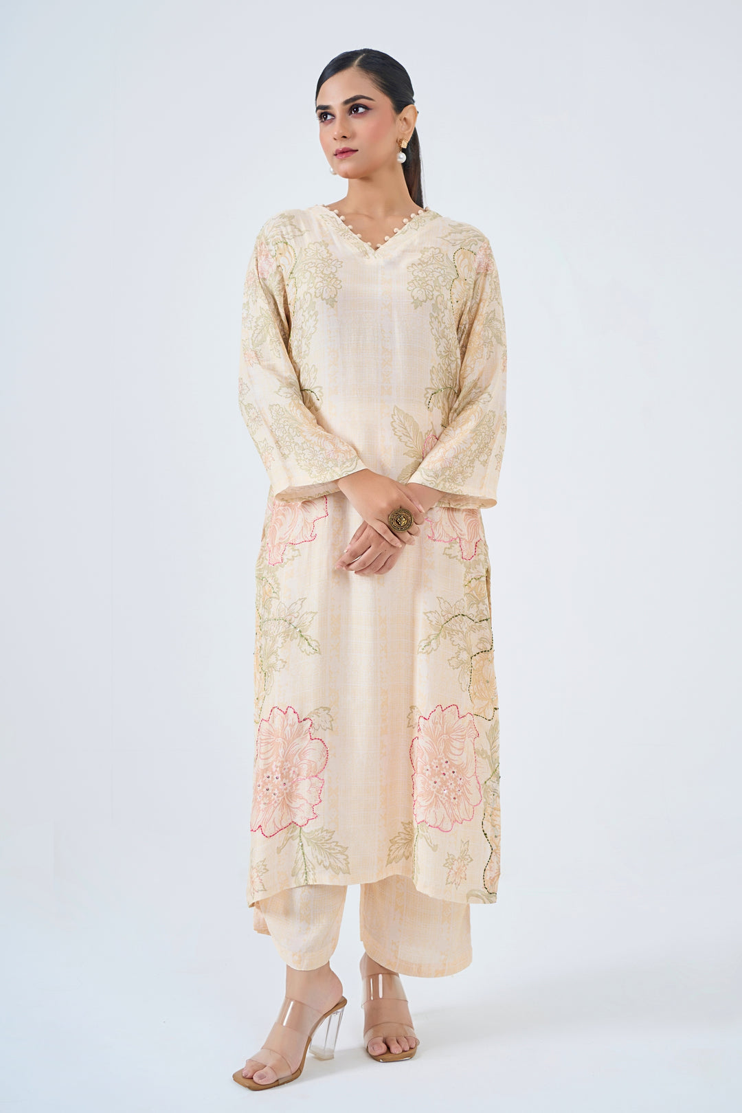 Printed Muslin Silk Kurta &amp; Pant Set – Hand Embroidered - Soft Beige