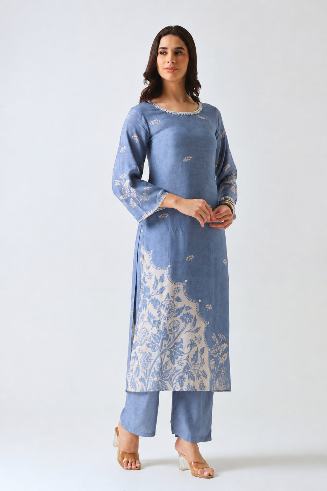 Printed Muslin Silk Kurta & Pant – Pearl Embellished – Set of 2 – Blue