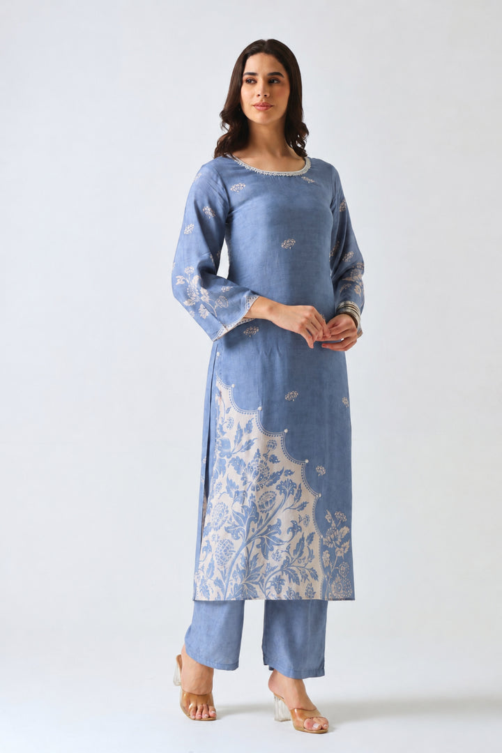 Printed Muslin Silk Kurta & Pant – Pearl Embellished – Set of 2 – Blue