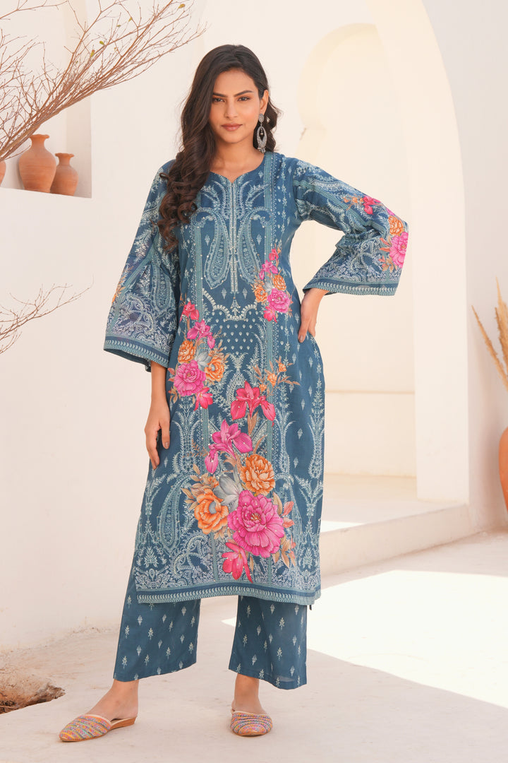 Printed Cotton Kurta & Pant - Hand Embroidered - Set of 2 - Blue
