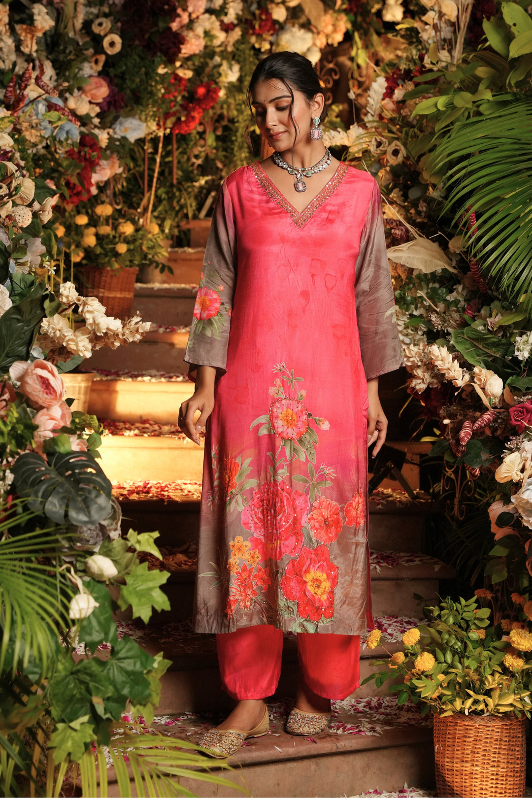 Ombre Dyed Floral Printed Kurta & Pant - Hand Embroidered - Set of 2 - Pink