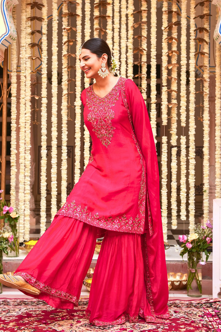 PINK SHARARA SET FOR WOMEN - PAIRED WITH DUPATTA - EMBROIDERED WITH RESHAM & HANDWORK - SET OF 3