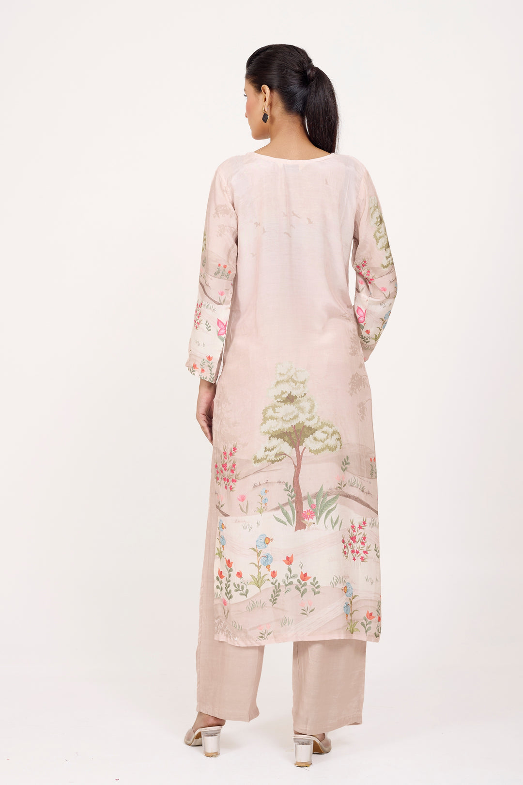 Printed Kurta & Pant - Hand Embroidered - Set of 2 - Lite Beige - Muslin Silk