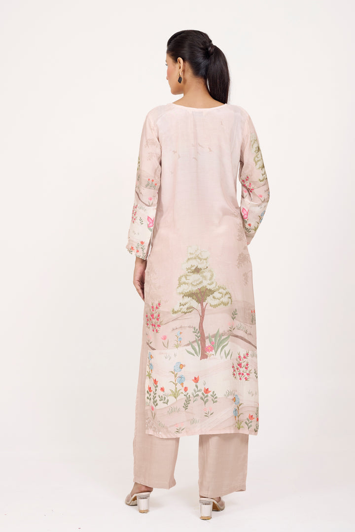 Printed Kurta & Pant - Hand Embroidered - Set of 2 - Lite Beige - Muslin Silk