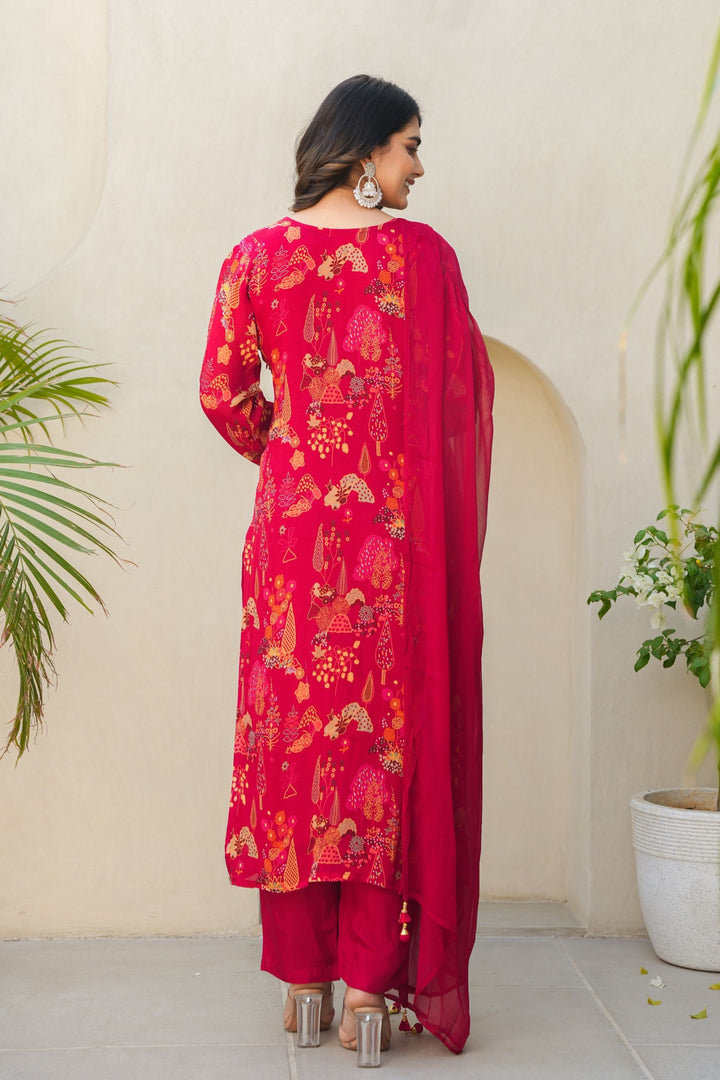 FLORAL PRINTED KURTA & PANT PAIRED WITH A DUPATTA - HAND EMBROIDERED - SET OF 3 - REDDISH MAROON