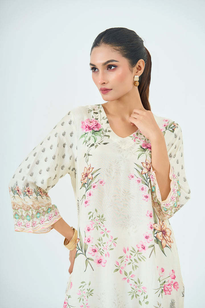 Printed Muslin Silk Kurta &amp; Pant Set – Hand Embroidered - Off-White
