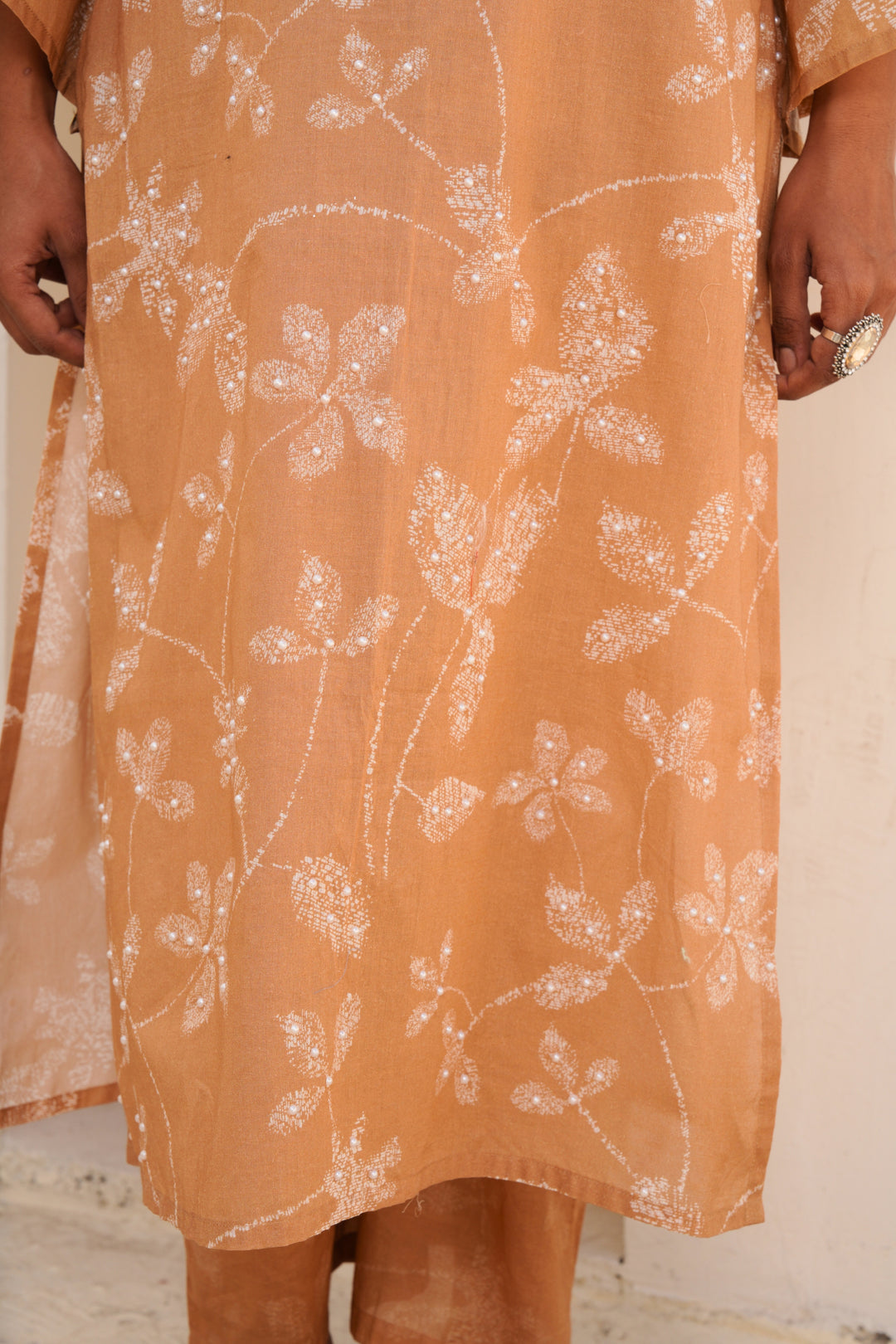 Printed Cotton Kurta & Pant - Hand Embroidered- Set of 2 - Tan Brown