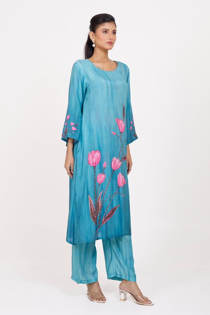 Printed Kurta & Pant - Hand Embroidered - Set of 2 - Blue - Muslin Silk