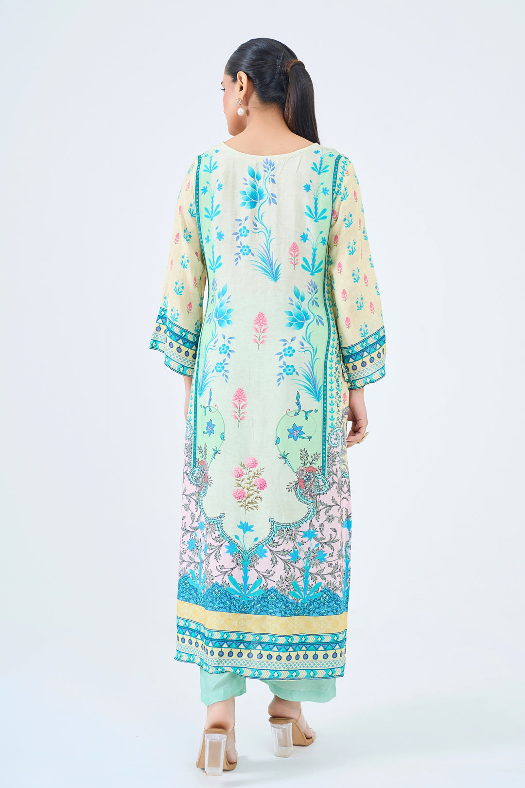 Printed Muslin Silk Kurta &amp; Pant Set - Hand Embroidered – Mint Green