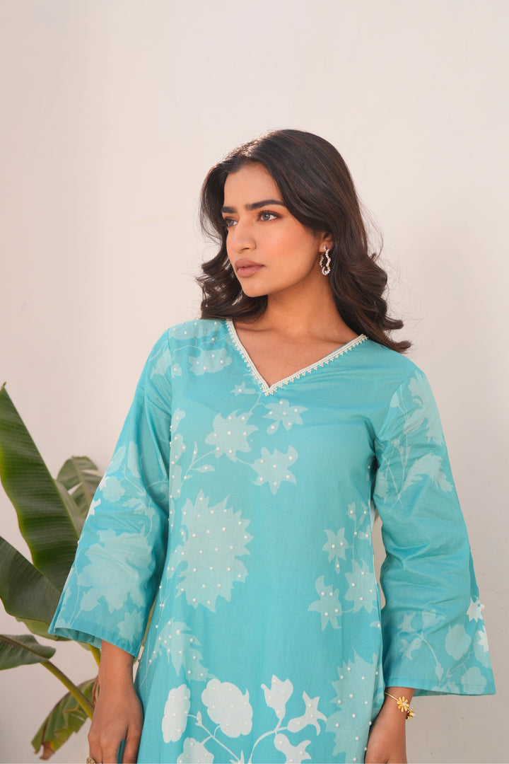 Printed Cotton Kurta & Pant - Hand Embroidered - Set of 2 - Sky Blue