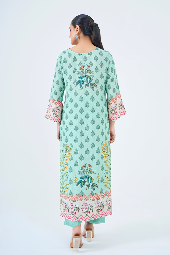 Printed Muslin Silk Kurta &amp; Pant Set – Hand Embroidered - Mint Green