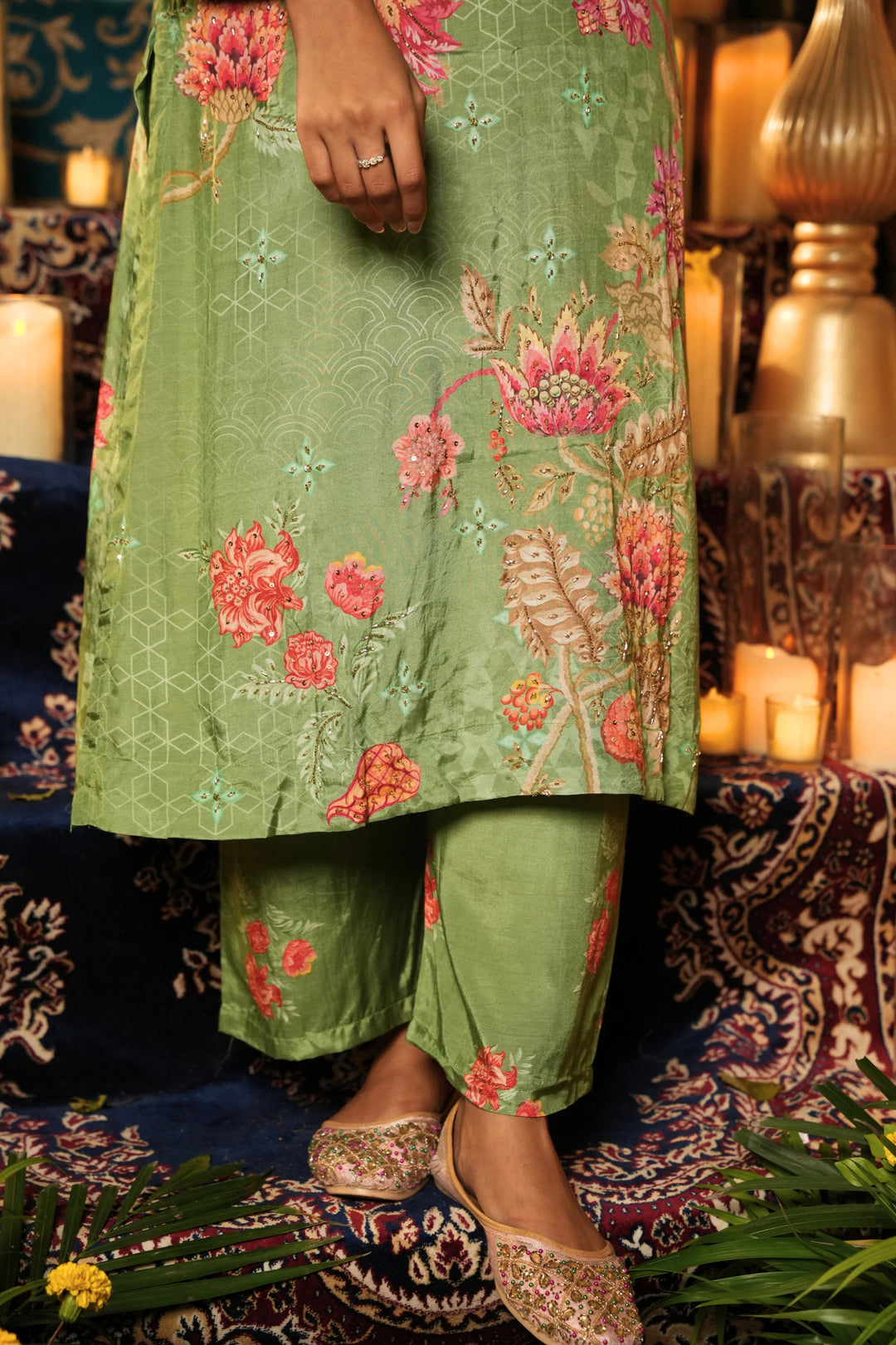 Floral Printed Kurta & Pant - Hand Embroidered - Set of 2 - Green