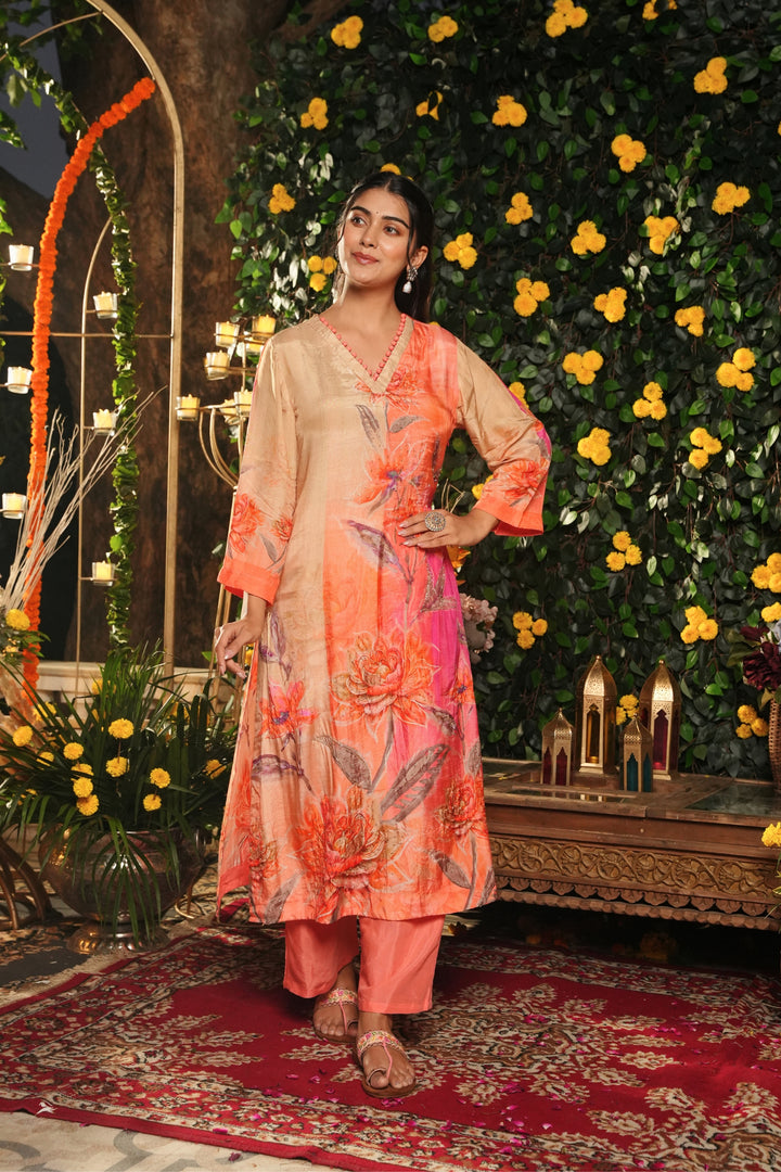 Ombre Dyed Floral Printed Kurta & Pant - Hand Embroidered - Set of 2 - Peach