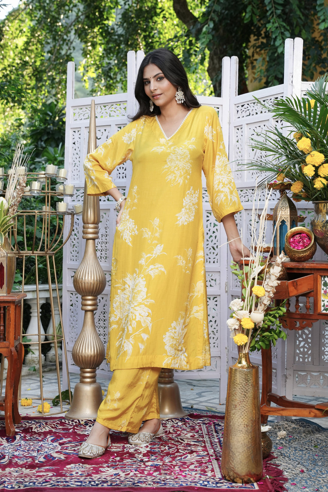 Floral Printed Kurta & Pant - Hand Embroidered - Set of 2 - Yellow