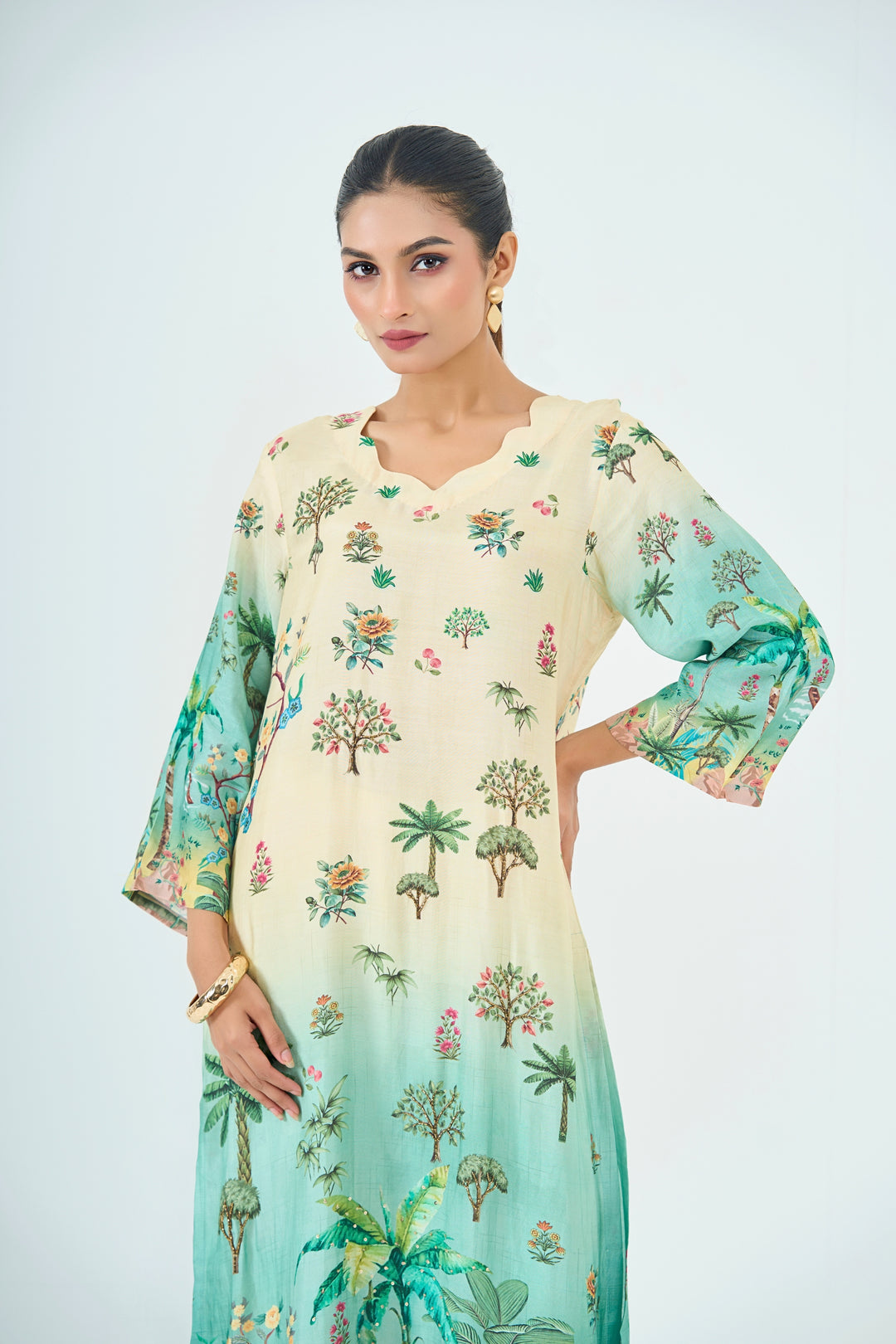 Printed Muslin Silk Kurta &amp; Pant Set – Hand Embroidered - Aqua Green &amp; Ivory