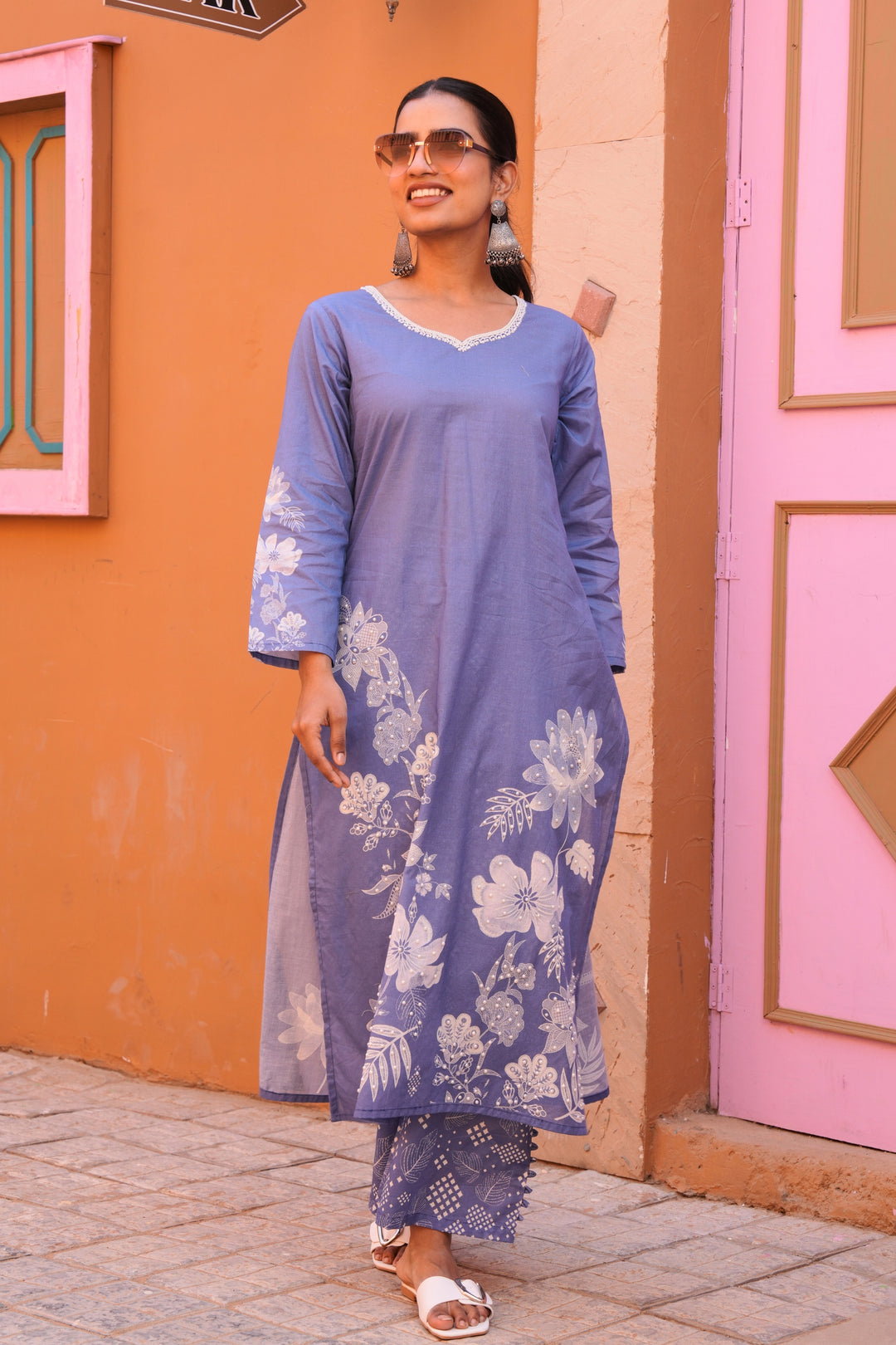 Printed Cotton Kurta & Pant - Hand Embroidered - Set of 2 - Denim Blue