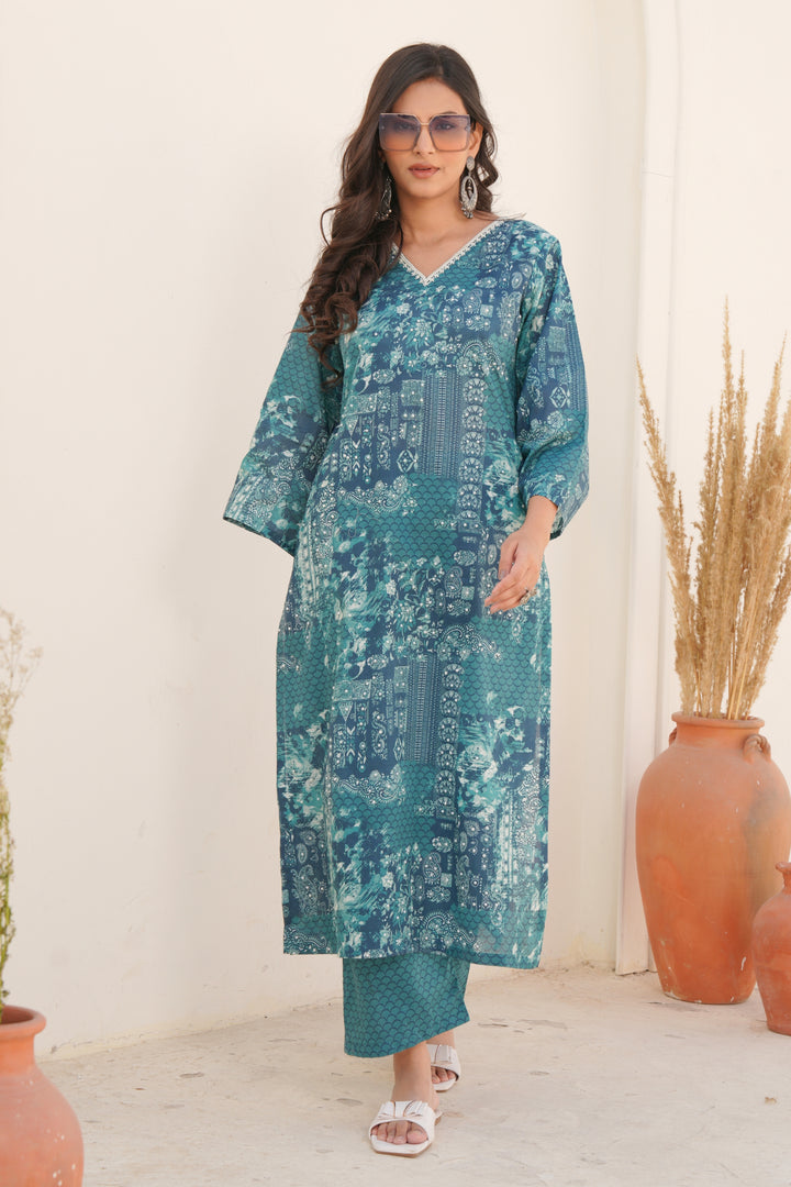 Printed Cotton Kurta & Pant - Hand Embroidered - Set of 2 - Sea Green