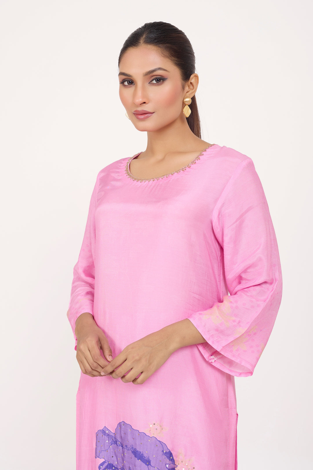 Pink Muslin Silk Hand-Embroidered Kurta Set