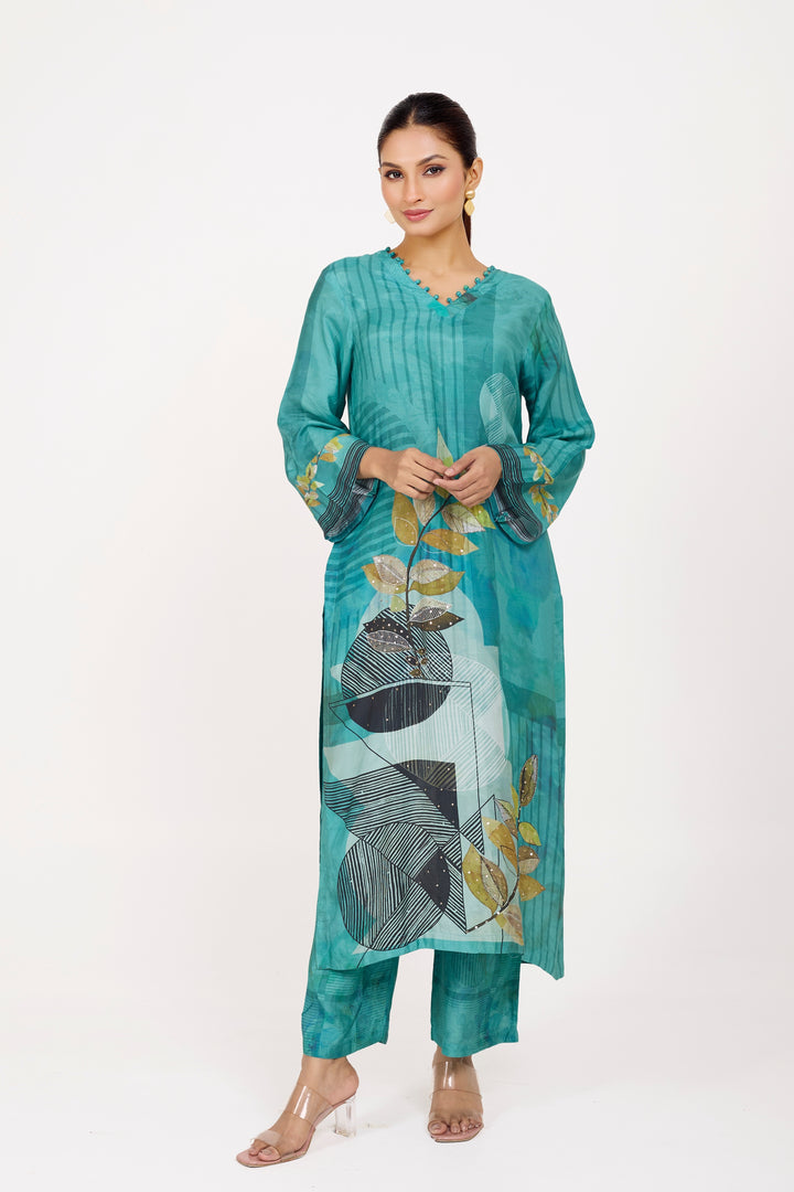 Printed Kurta & Pant - Hand Embroidered - Set of 2 - Sea Green - Muslin Silk