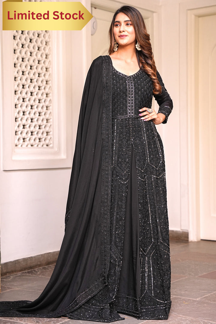 BLACK INDO-WESTERN FRONT SLIT GOWN FOR WOMEN - PAIRED WITH LEHENGA & DUPATTA - EMBROIDERED WITH RESHAM & HANDWORK - SET OF 3