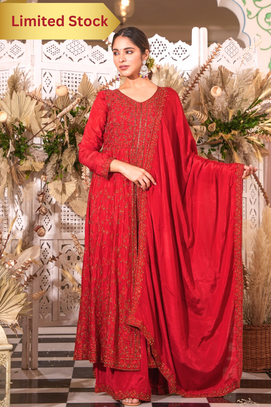 COPPER RED INDO-WESTERN FRONT SLIT GOWN FOR WOMEN - PAIRED WITH LEHENGA & DUPATTA - EMBROIDERED WITH RESHAM & HANDWORK - SET OF 3