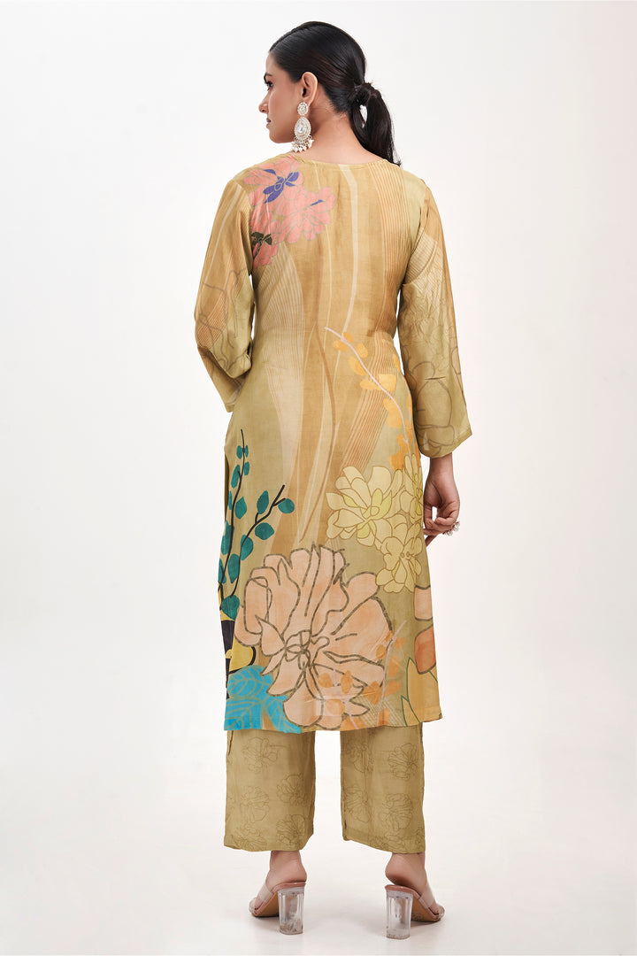 Floral Printed Kurta & Pant - Hand Embroidered - Set of 2 - Sand Brown - Muslin Silk