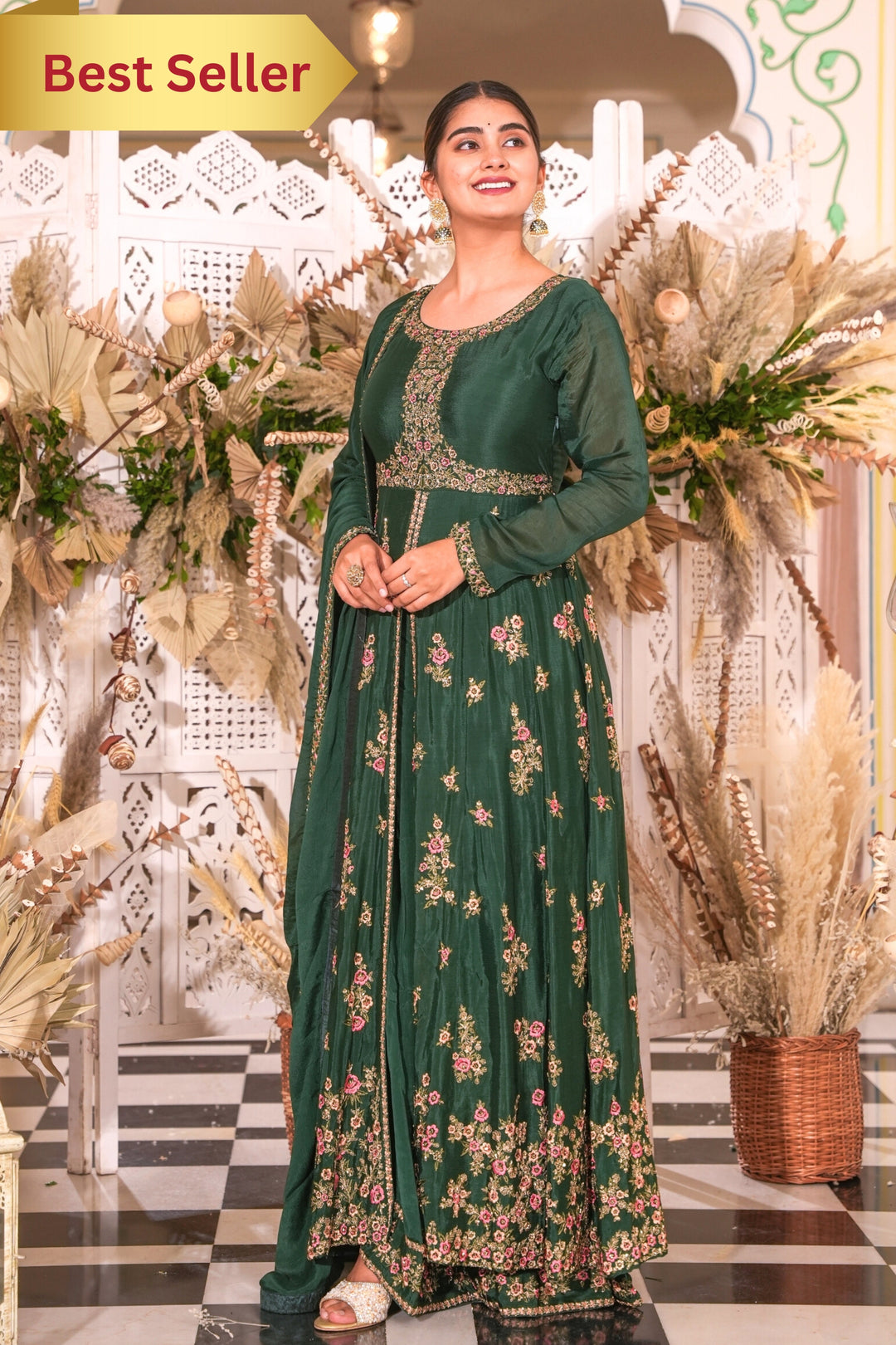 GREEN INDO-WESTERN FRONT SLIT GOWN FOR WOMEN - PAIRED WITH LEHENGA & D Showstopper GREEN INDO-WESTERN FRONT SLIT GOWN FOR WOMEN - PAIRED WITH LEHENGA & D Showstopper