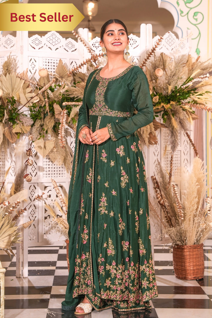 GREEN INDO-WESTERN FRONT SLIT GOWN FOR WOMEN - PAIRED WITH LEHENGA & DUPATTA - EMBROIDERED WITH RESHAM & HANDWORK - SET OF 3