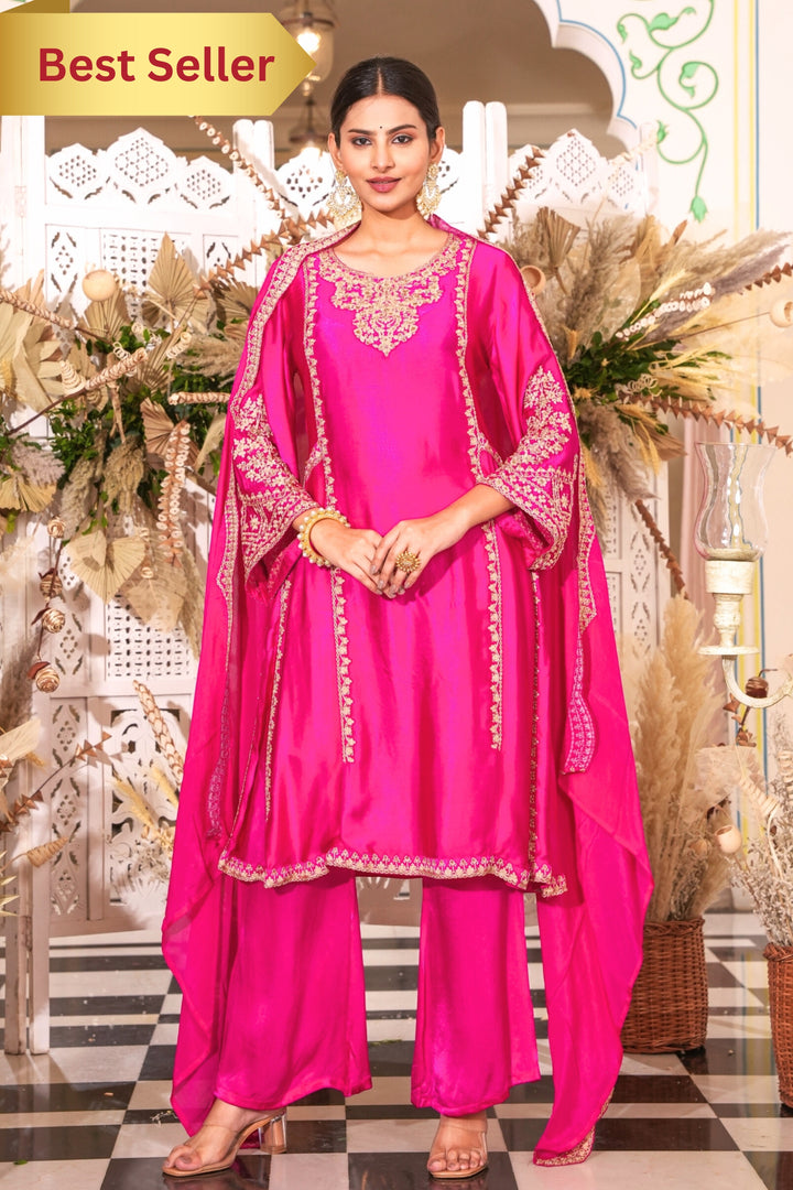 RANI PINK KURTA & PLAZZO SET FOR WOMEN - EMROIDERED WITH DORI & HANDWORK - PAIRED WITH SCALOPPED DUPATTA - SET OF 3