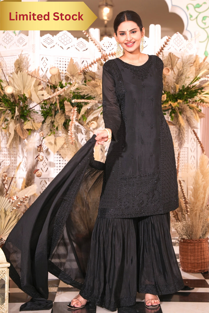 BLACK SHARARA SET - PAIRED WITH DUPATTA FOR WOMEN - EMBROIDERED WITH RESHAM & HANDWORK - SET OF 3