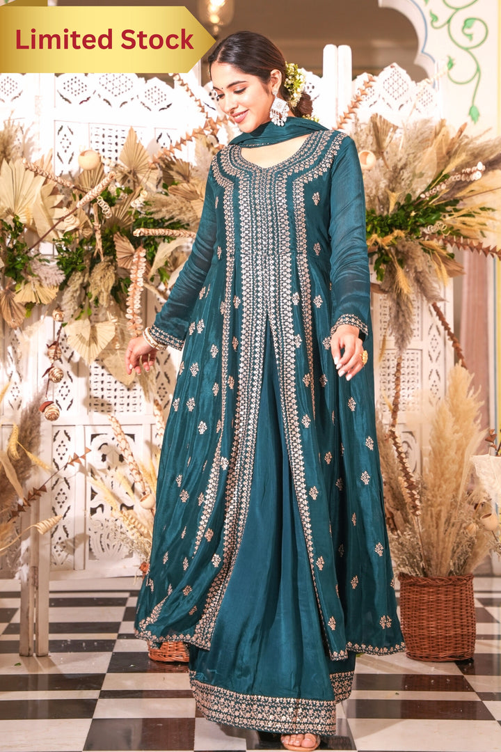 GREEN INDO-WESTERN FRONT SLIT GOWN FOR WOMEN- PAIRED WITH LEHENGA & DUPATTA - EMBROIDERED WITH RESHAM & HANDWORK - SET OF 3